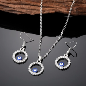 Collana con Ciondolo Malocchio Orecchini Lega Set Strass Tondo Traforato Occhio Blu Gioielli per Donna Argento
