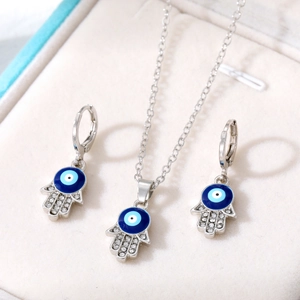 Vintage Hamsa Hand Evil Eye Jewelry Set Alloy Rhinestone Pendant Necklace And Hoop Earrings Bohemian Amulet Women Jewelry