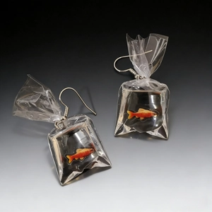 Λεπτομέρεια από δημιουργικά σκουλαρίκια χρυσόψαρο με μικρά ψάρια σε σακούλες ρητίνης