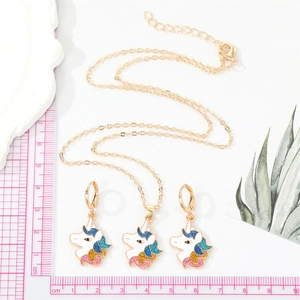 Cute colorful glitter unicorn necklace and earrings set with golden chain jewelry