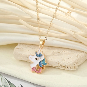 Rainbow glitter unicorn pendant necklace with gold plated chain for girls and kids