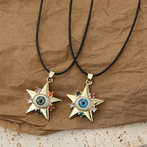 Collier Pendentif Étoile Oeil du Diable en Alliage Strass Multicolore Géométrique Corde Noire Bijoux pour Hommes Femmes