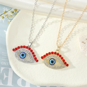 Vintage Alloy Evil Eye Pendant Necklace For Women Retro Hollow Red Rhinestone Eyelash Turkish Devil Eye Jewelry Accessory