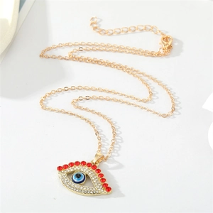Vintage Turkish evil eye pendant necklace with red rhinestones and gold chain