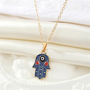Vintage Hamsa hand and evil eye pendant necklace with colorful enamel on gold chain