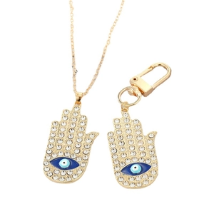 Ensemble collier et porte-clés main de Fatima vintage avec œil de démon en cristal doré