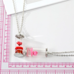 Close-up of glass bottle pendants with red and pink dried flowers and a silver chain