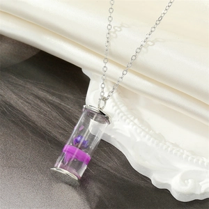 Daisy wish bottle necklace with purple dried flowers in a cylindrical glass pendant