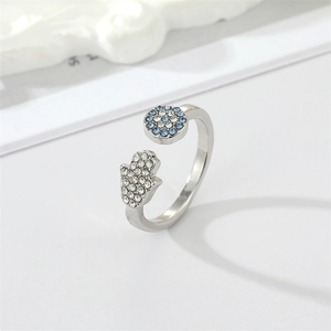 Silver Hamsa Hand and Evil Eye open adjustable ring with sparkling blue and white crystals