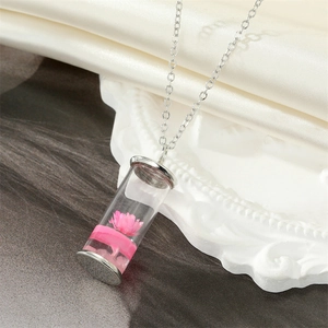 Daisy wish bottle necklace with real pink dried flowers in a glass cylinder pendant