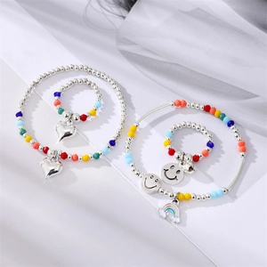 Fashion Colorful Beaded Bracelet Heart Smiley Face Alloy Ring For Women Handmade Jewelry Set Sweet Style Gift
