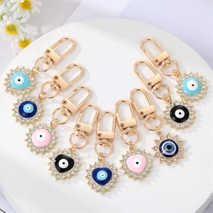 Boho Evil Eye Heart Sun Keychain Gold Plated Alloy Rhinestone Enamel Lucky Charm Bag Pendant For Women Daily Jewelry Gift