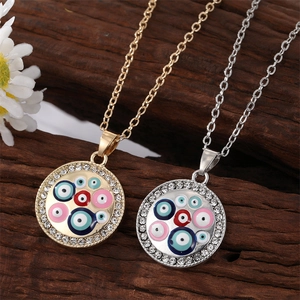 Bohemian Alloy Rhinestone Evil Eye Pendant Necklace Colorful Enamel Round Disc Clasp Chain Jewelry For Women Party Gift