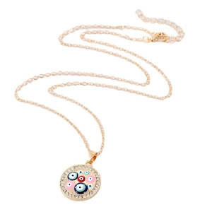 Golden alloy necklace with multi-colored evil eye pendant and crystal rhinestone frame