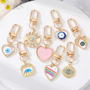 Gold Plated Alloy Evil Eye Heart Keychain For Women Rhinestone Enamel Bag Charm Ethnic Style Lucky Jewelry Keychain Gift