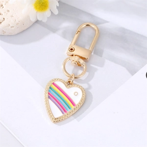 Rainbow heart keychain with colorful oil drop effect and golden lobster clasp