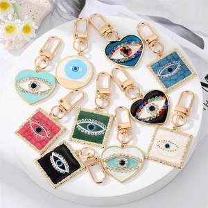 Alloy Evil Eye Keychain Colorful Rhinestone Heart Square Bag Pendant Charm Enamel Evil Eye Keyring For Women Accessories