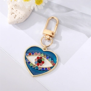 Colorful rhinestone heart evil eye keychain pendant with gold plating for handbags