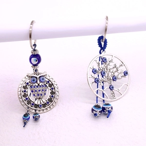 Porte-clés hibou et arbre de vie en argent antique avec œil grec bleu en résine