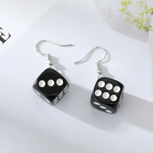 Creative black resin dice drop earrings with silver metal hooks for a fun trendy look