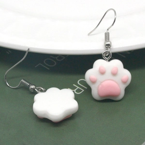 Fashionable resin cat paw drop earrings featuring cute 3D pink and white animal paw pads