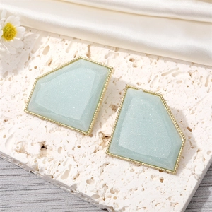 Exaggerated geometric resin diamond stud earrings with gold metal frame and blue sequins