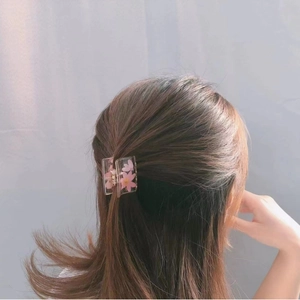 Pince à cheveux rectangulaire élégante avec fleurs séchées roses portée sur les cheveux
