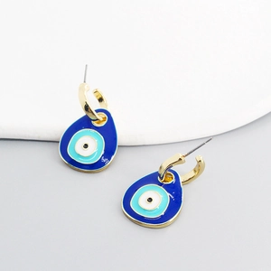 Minimalist blue Evil Eye drop earrings in gold plating with enamel water drop design