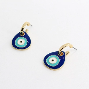 Minimalist gold Evil Eye drop earrings with blue enamel pattern on a plain white background
