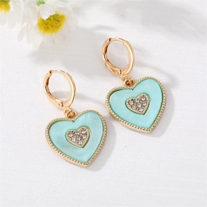 Vintage gold heart hoop earrings with mint green enamel and sparkling crystals