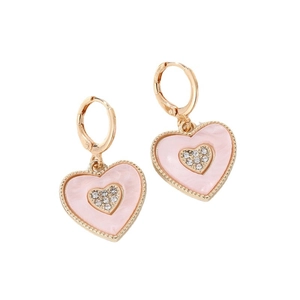 Vintage heart hoop earrings with pink enamel, golden metal trim and crystal accents