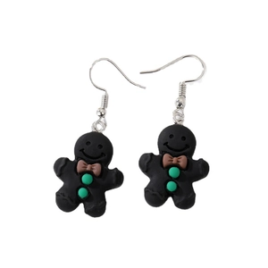 Boucles d'oreilles bonhomme de pain d'épices en résine noire avec nœud marron et crochets