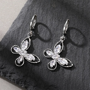 Elegant silver butterfly earrings with marquise-cut white zircons and hook closure