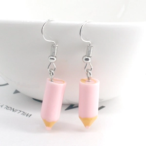 Unique pink resin pencil-shaped drop earrings with silver hooks for students