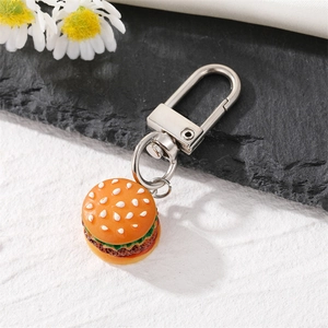 Realistic mini hamburger keychain with detailed resin layers and silver lobster clasp