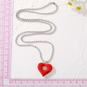 Retro red hollow heart pendant necklace with silver bead chain and ruler measurement
