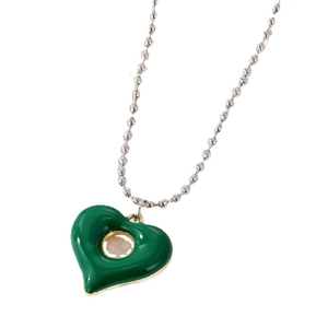 Vintage green hollow heart pendant necklace with silver bead chain for women
