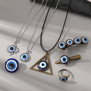 Vintage Evil Eye Jewelry Set Alloy Resin Pendant Necklaces Hair Clips Open Ring Brooch Bohemian Ethnic Accessories For Women