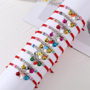 Handmade Woven Red String Bracelet With Mushroom Bell Pendants Cute Adjustable Jewelry For Women Girls Gift