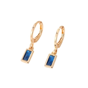 Elegant gold hoop earrings with geometric rectangular deep blue crystal pendant charms
