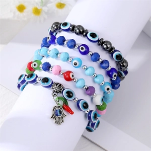 Vintage Evil Eye Beaded Bracelet For Women Bohemian Multi-Color Plastic Beads Hamsa Hand Charm Lucky Fashion Jewelry Gift