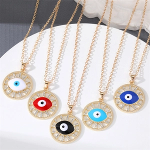 Vintage Evil Eye Pendant Necklace Alloy Rhinestone Enameled Turkish Eye Choker Fashion Jewelry For Women Men Gold Plated