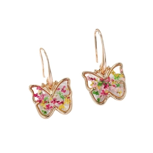 Elegant gold butterfly earrings with colorful dried flowers in transparent resin