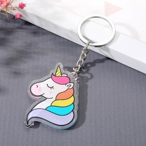 Cute acrylic unicorn keychain with colorful mane and silver metal ring for women