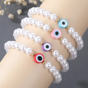 Retro Evil Eye Freshwater Pearl Beaded Bracelet Elastic Fashion Lucky Charm Hand Jewelry For Women Daily Accessory
