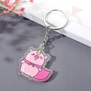 Cute pink pig unicorn acrylic keychain with a dark pink cape and silver keyring