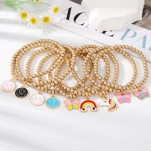 Cute Gold Beaded Bracelet With Enamel Smiley Face Butterfly Unicorn Rainbow Charms Cartoon Jewelry For Women Kids Girls