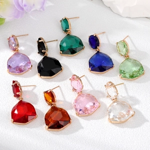 French Geometric Fan Shaped Alloy Glass Dangle Earrings For Women Elegant Faceted Gemstone Stud Earrings Fashion Jewelry