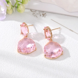 Elegant fan-shaped geometric pink crystal drop earrings with golden frames for women