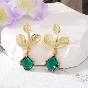 Gold leaf emerald drop earrings featuring green geometric crystal pendants for women